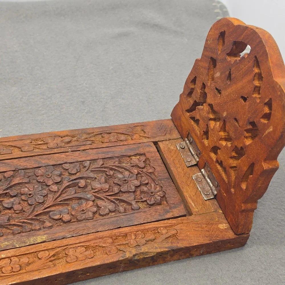 Vintage Hand Carved Floral Wood Book Slide Expandable Folding Desk Bookends B